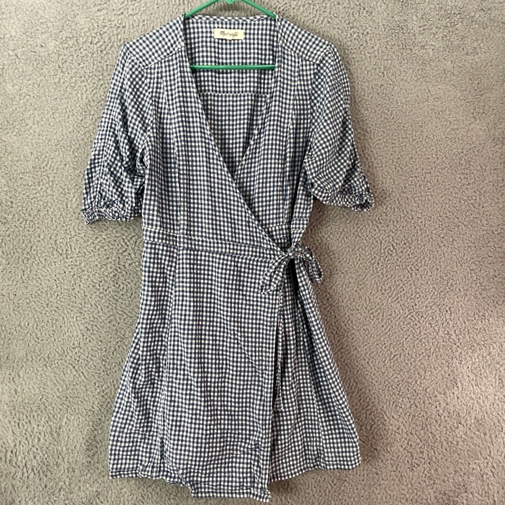 Madewell Gingham Wrap Dress Womens Small Navy White Short Sleeve Mini Coastal‎